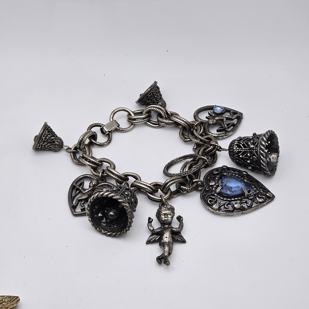 Vintage Blue Rhinestone Bell Cupid Ring Wedding Charm Bracelet Silver Tone